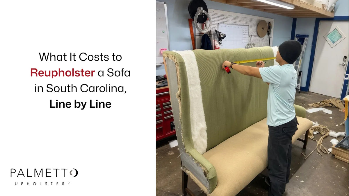 Upholsterer measuring a sofa being reupholstered in the Palmetto workroom, Hilton Head Island
