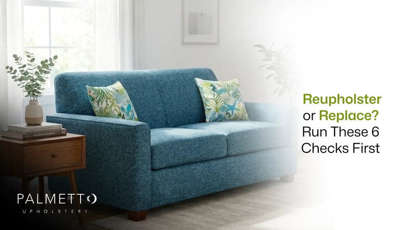 Upholstered sofa in a coastal living room, before deciding to reupholster or replace