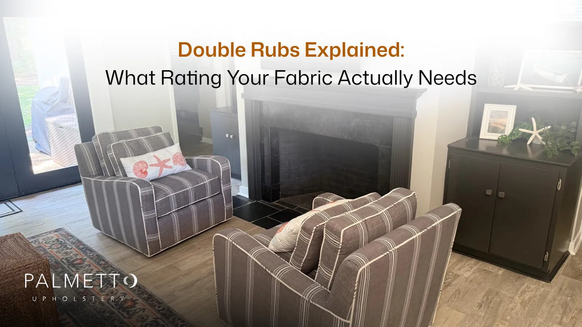 Striped upholstered swivel chairs in a coastal living room, fabric durability guide