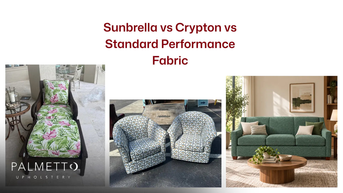 Three upholstered pieces in different performance fabrics, compared side by side