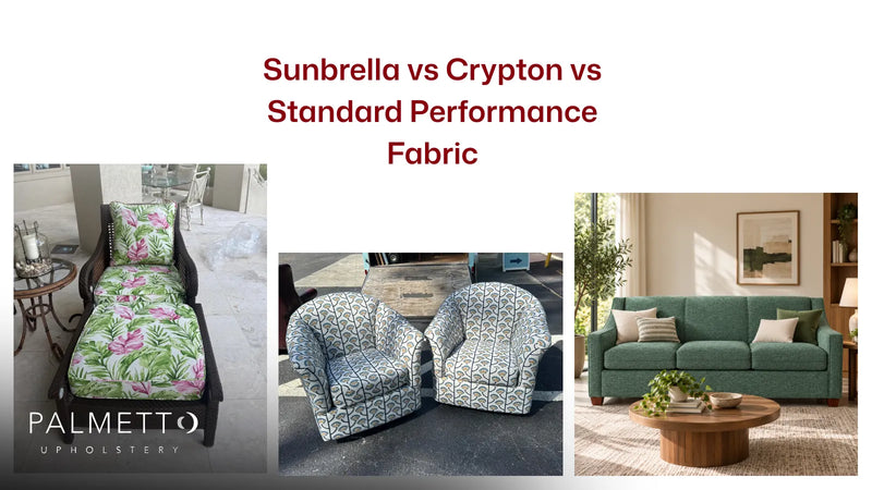 Three upholstered pieces in different performance fabrics, compared side by side