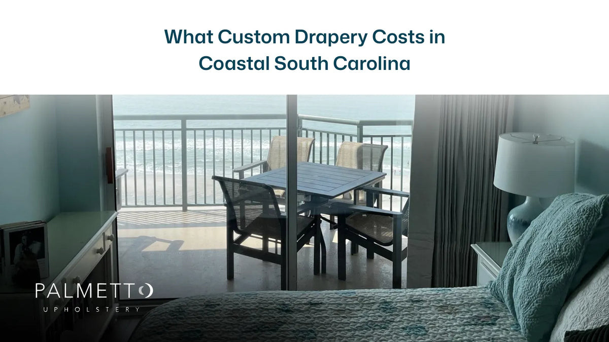 Coastal South Carolina bedroom with drapery at a sliding door onto an ocean balcony