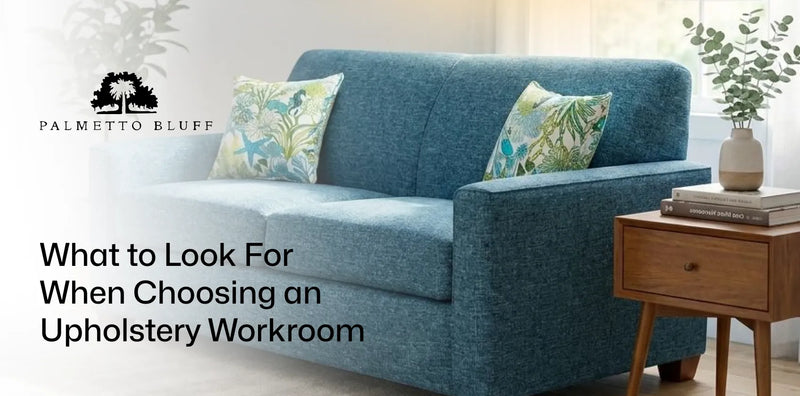 How to choose an upholstery workroom: blue upholstered sofa in a coastal living room