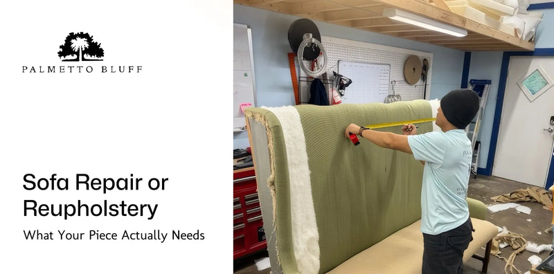 Sofa repair or reupholstery: measuring a stripped sofa in the upholstery workroom
