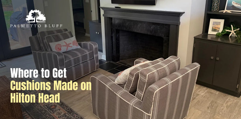 Custom cushions made on Hilton Head: striped armchairs with new cushions